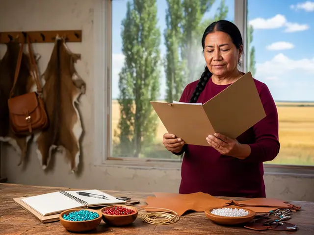 Beadwork and leather studio owner reading an open kraft folder at a work table with bowls of beads